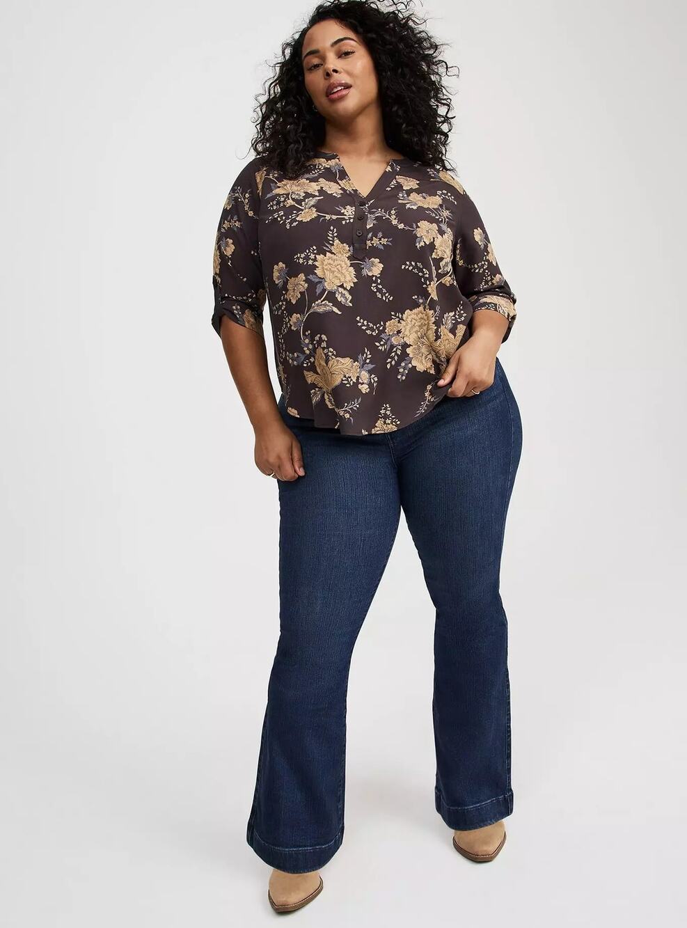 New Torrid Harper Floral Top Brown Split Neck Front Button 3/4 Sleeve Sz 3X